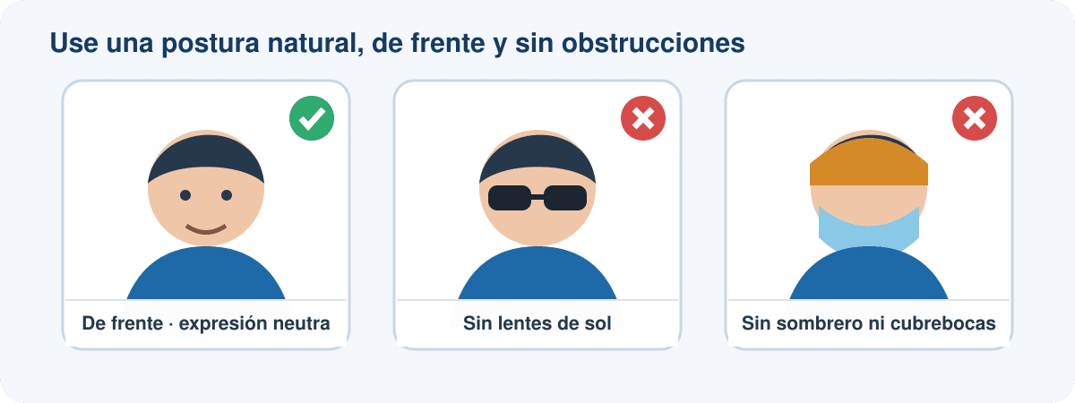 Ejemplos de una postura correcta de frente y rostros obstruidos